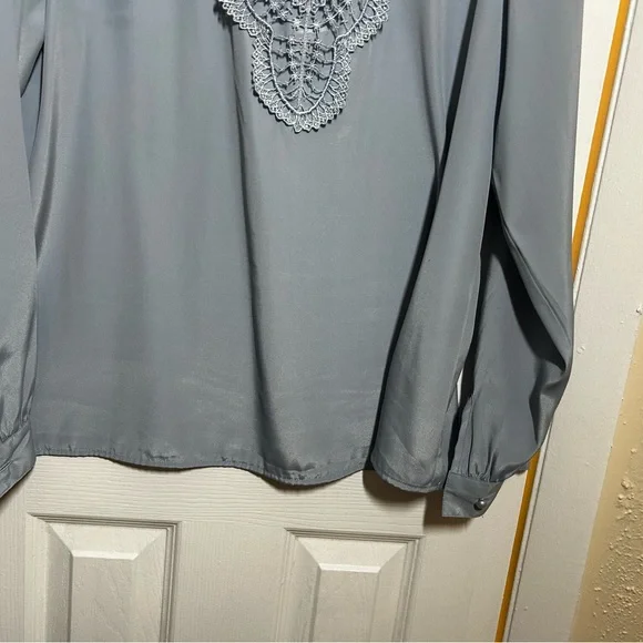 Victorian Style Sz 12Prairie Blouse Gray Lace Yoke High Neck Long Sleeve - Picture 11 of 15